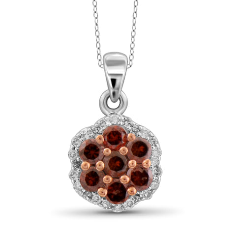 JewelonFire 1.00 Carat T.W. Red And White Diamond Sterling Silver Cluster Pendant