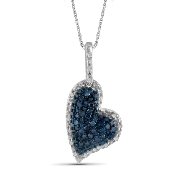 JewelonFire 1.00 Carat T.W. Blue And White Diamond Sterling Silver 3 Piece Heart Jewelry Set