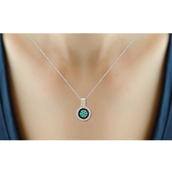 JewelonFire 0.40 Carat T.G.W. Genuine Emerald And Accent Black & White Diamond Two Tone Sterling Silver Pendant