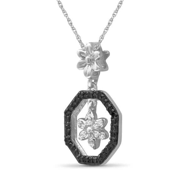 JewelonFire 1/7 Carat T.W. Black And White Diamond Sterling Silver Flower Octagon Pendant - Assorted Colors