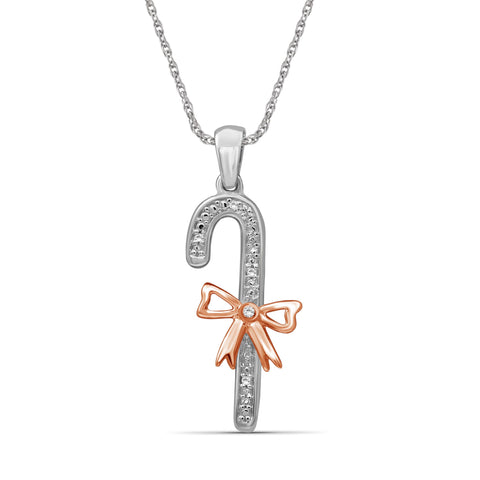 JewelonFire Accent Genuine White Diamonds Candy Cane with Ribbon Pendant in Two-tone Silver