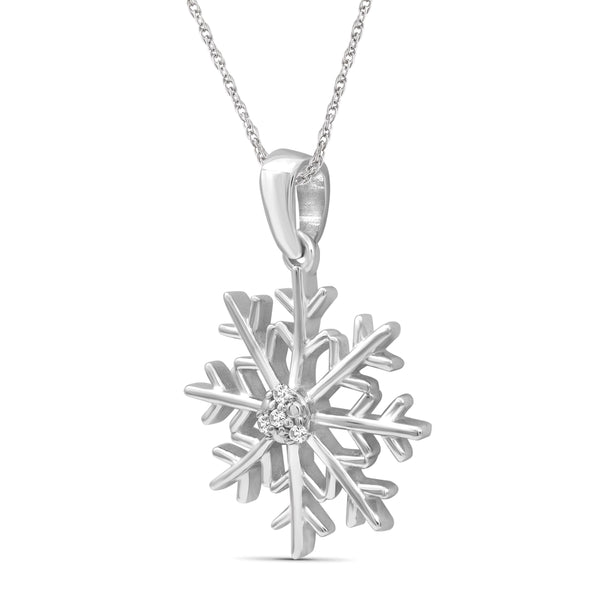 JewelonFire Accent Genuine White Diamonds Snowflake Pendant Necklace in Sterling Silver