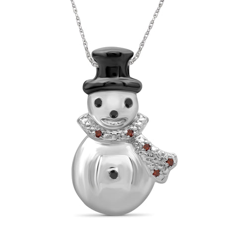 JewelonFire Accent Black and Red Diamonds Snowman Pendant in Sterling Silver