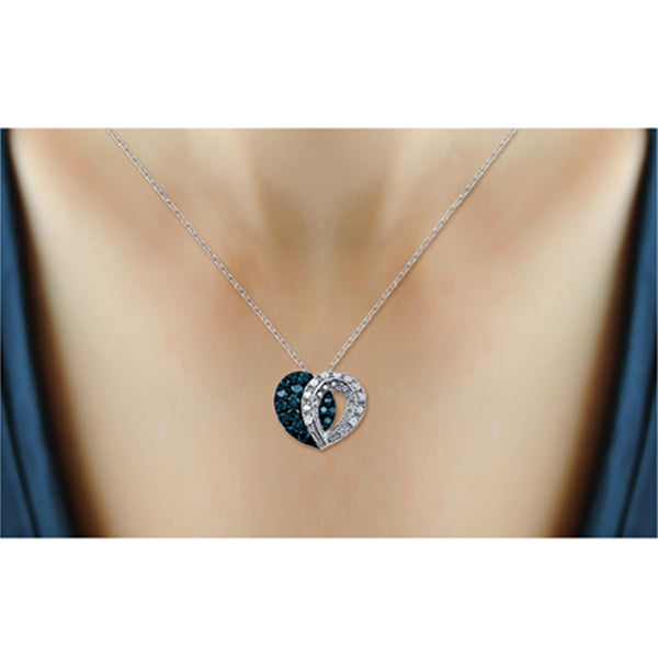 JewelonFire 3/4 Carat T.W. Blue and White Diamond Sterling Silver Heart Halves Pendant