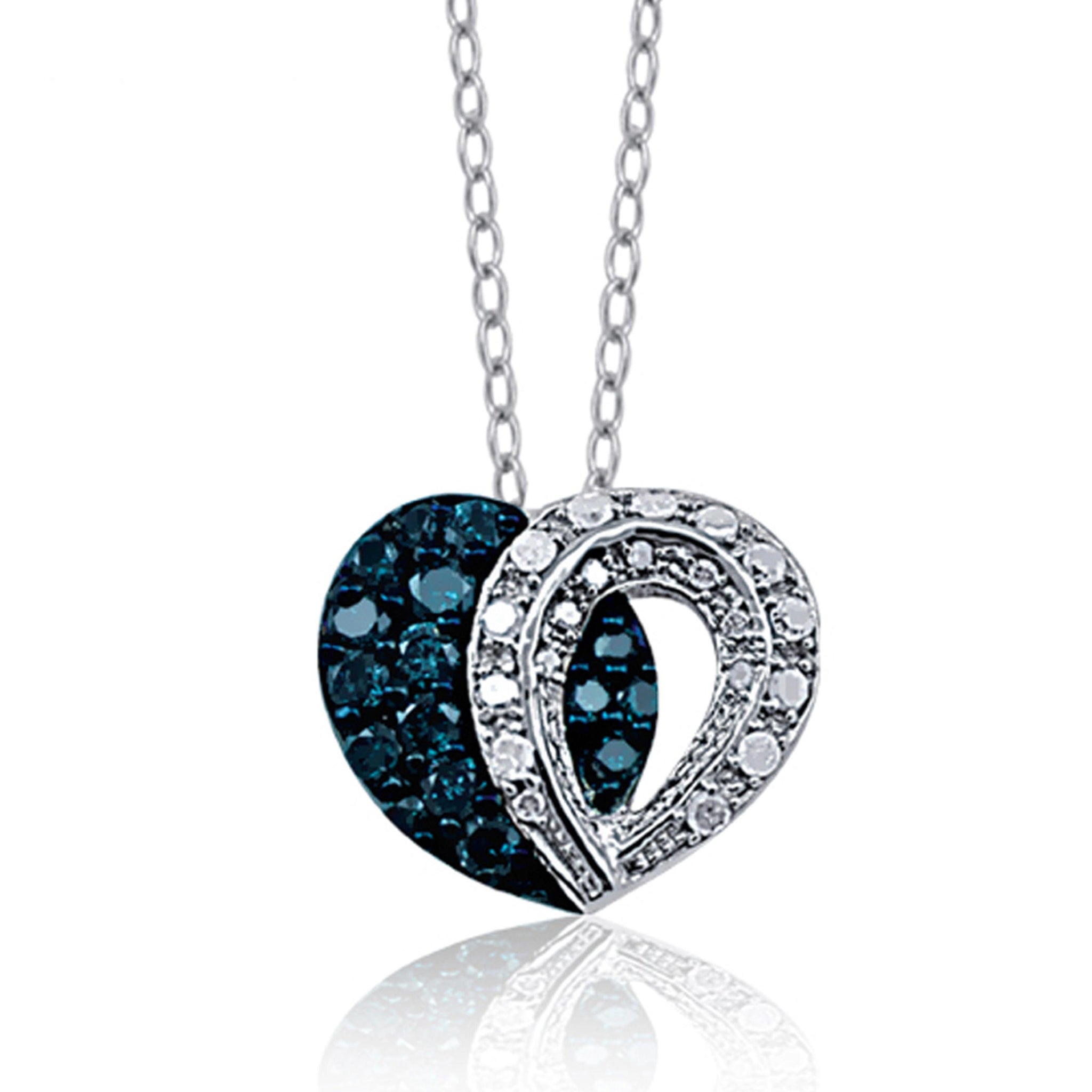 JewelonFire 3/4 Carat T.W. Blue and White Diamond Sterling Silver Heart Halves Pendant