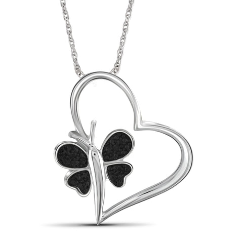 JewelonFire Black Diamond Accent Sterling Silver Heart and Butterfly Pendant - Assorted Colors