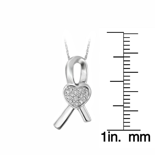 JewelonFire Accent White Diamond Ribbon Heart Pendant in Sterling Silver
