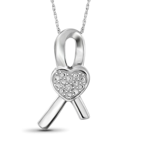 JewelonFire Accent White Diamond Ribbon Heart Pendant in Sterling Silver