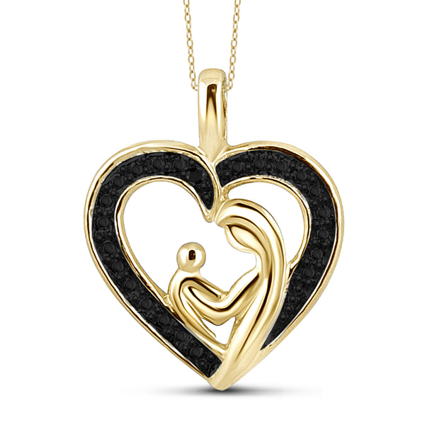 JewelonFire Black Diamond Accent Sterling Silver Mother and Child Heart Pendant - Assorted Colors