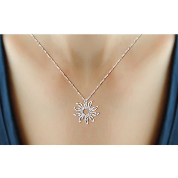 JewelonFire Accent White Diamond Sun Flower Pendant in Sterling Silver