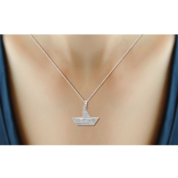 JewelonFire Accent White Diamond Boat Pendant in Sterling Silver