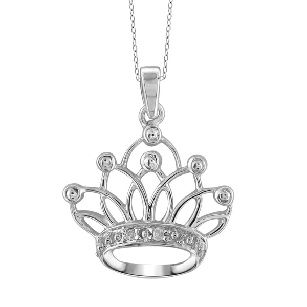 JewelonFire Accent White Diamond Crown Pendant in Sterling Silver