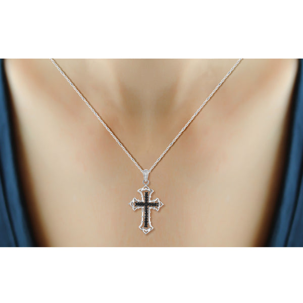 JewelonFire Accent Black Diamond Cross Pendant in Sterling Silver