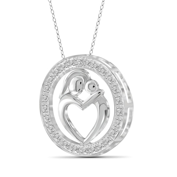 JewelonFire White Diamond Accent Sterling Silver Mother and Child Heart with Circle Pendant - Assorted Colors