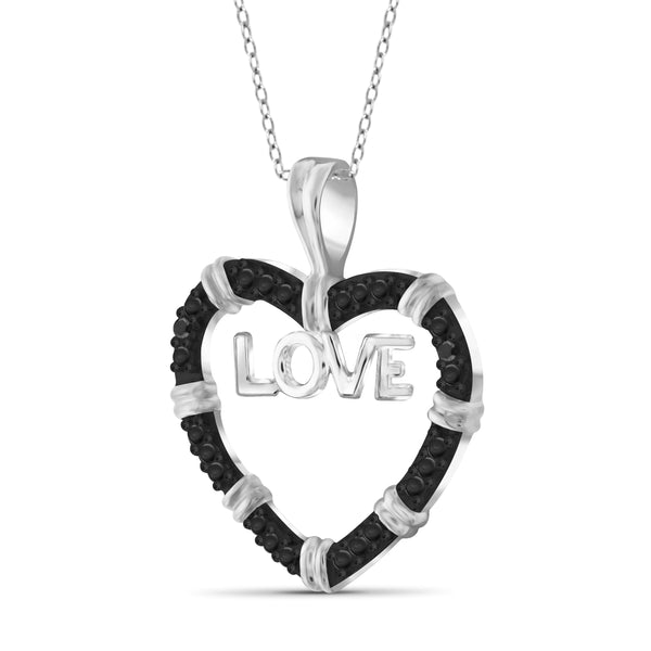 JewelonFire Black Diamond Accent Sterling Silver "Love" Heart Pendant - Assorted Colors