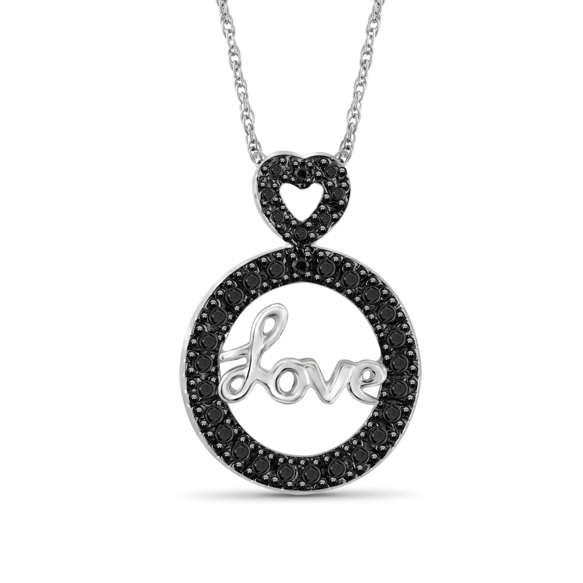 JewelonFire Accent Black Diamond Love Circle Pendant in Sterling Silver