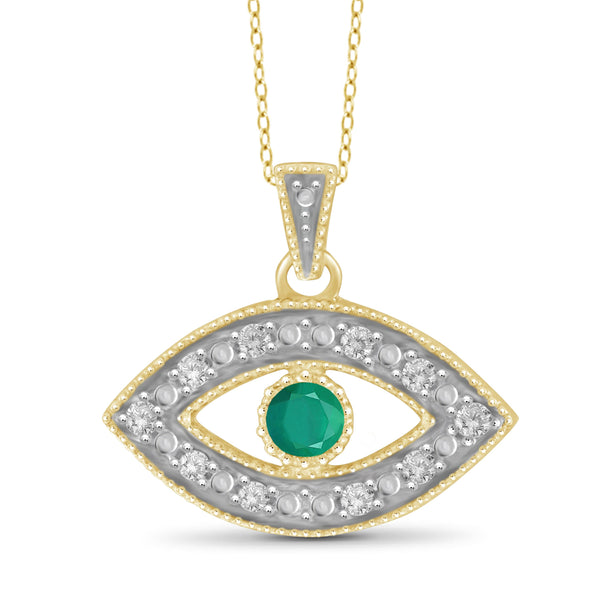 JewelonFire 1/7 Carat T.G.W. Emerald and White Diamond Accent Sterling Silver Evil Eye Pendant - Assorted Colors