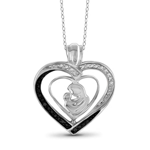 JewelonFire Black and White Diamond Accent Sterling Silver Mother and Child Heart Pendant - Assorted Colors