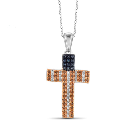 JewelonFire 1/4 Carat T.W. Multi Color Diamond Sterling Silver American Flag Cross Pendant