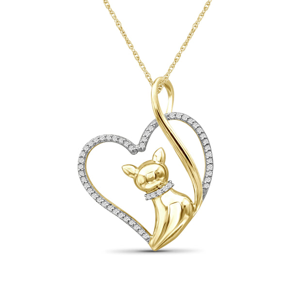 JewelonFire 1/7 Ctw White Diamond 14K Gold over Silver Cat Heart Pendant
