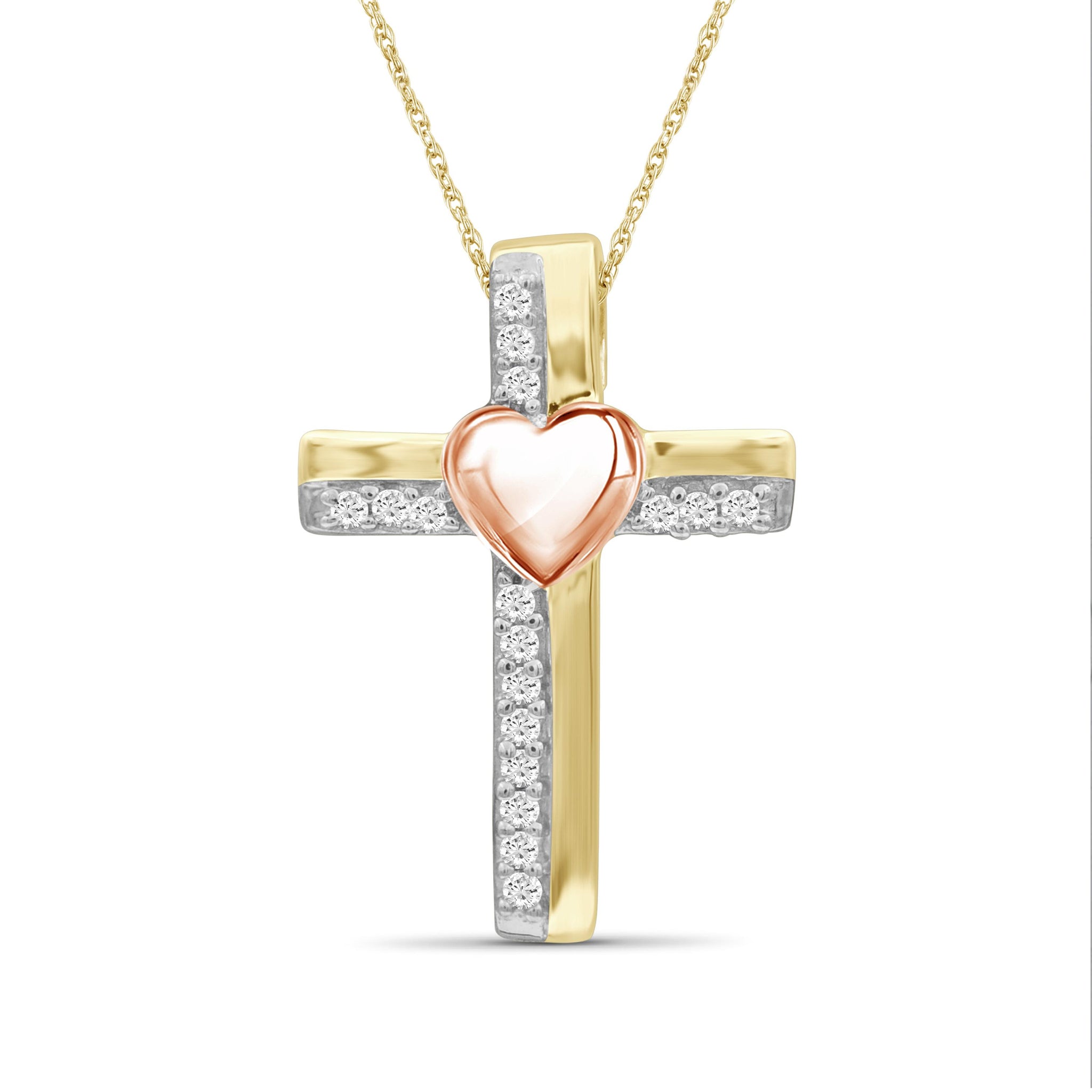 JewelonFire 1/10 Ctw White Diamond Heart Cross Pendant in Two-Tone Sterling Silver