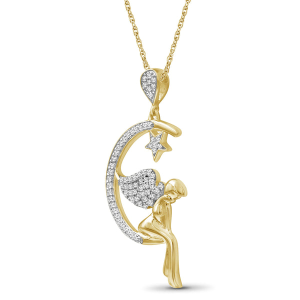 JewelonFire 1/5 Ctw White Diamond Angel on Moon Pendant in 14kt Gold over Silver