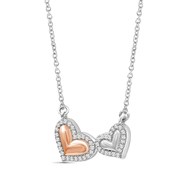 JewelonFire 1/10 Ctw White Diamond Double Heart Necklace in Two-Tone Sterling Silver