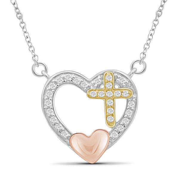 JewelonFire 1/7 Carat T.W. White Diamond Three Tone Silver Cross In Heart Pendant