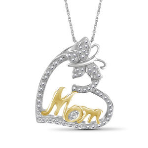JewelonFire White Diamond Accent Two Tone Sterling Silver Mom Pendant
