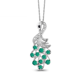 JewelonFire 0.60 Carat T.G.W. Emerald And 1/20 Carat T.W. Black & White Diamond Sterling Silver Peacock Pendant - Assorted Colors