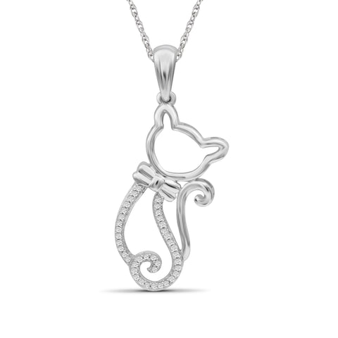 JewelonFire 1/10 Ctw White Diamond Sterling Silver Kitty Pendant