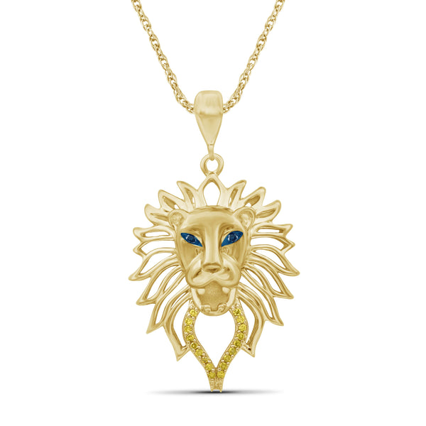 JewelonFire 1/20 Ctw Yellow & Blue Diamond 14K Gold over Silver Lion Face Pendant
