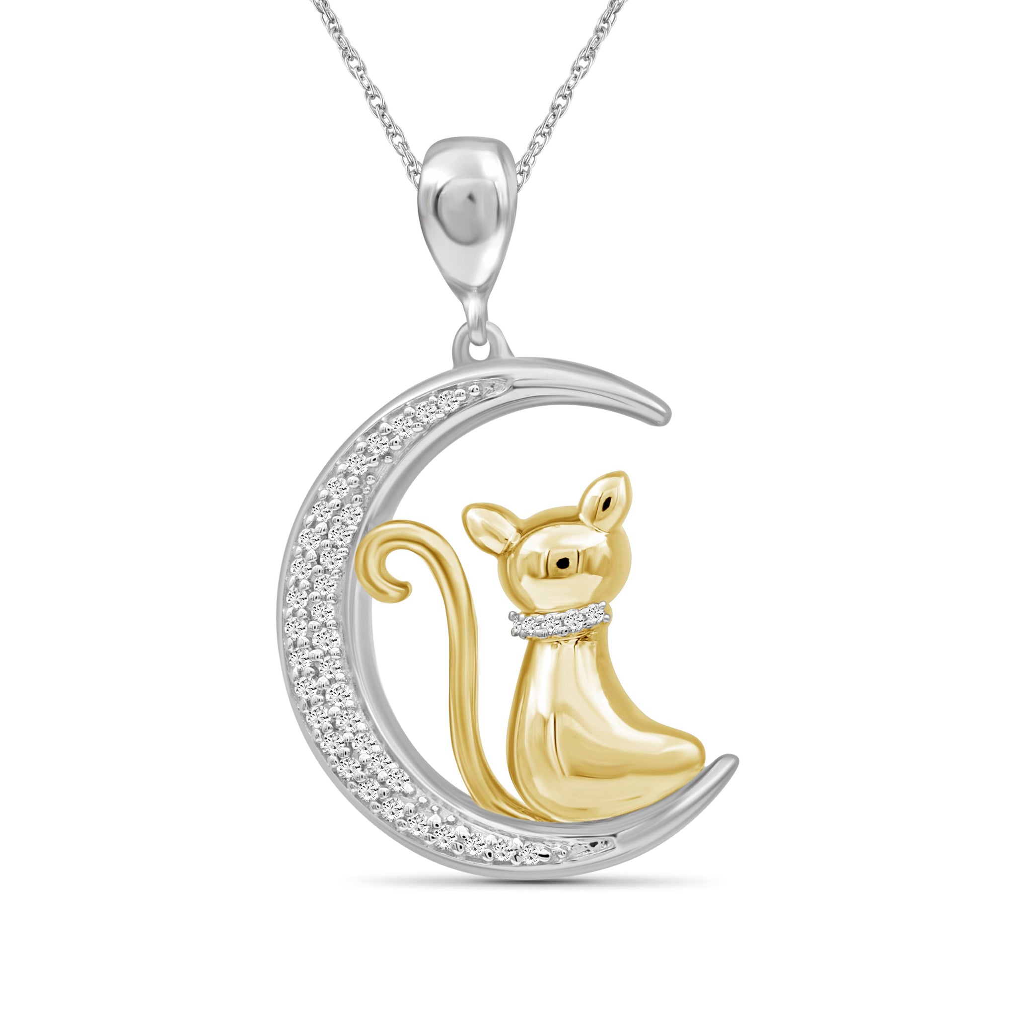 JewelonFire 1/7 Ctw White Diamond Two-Tone Sterling Silver Cat Moon Pendant