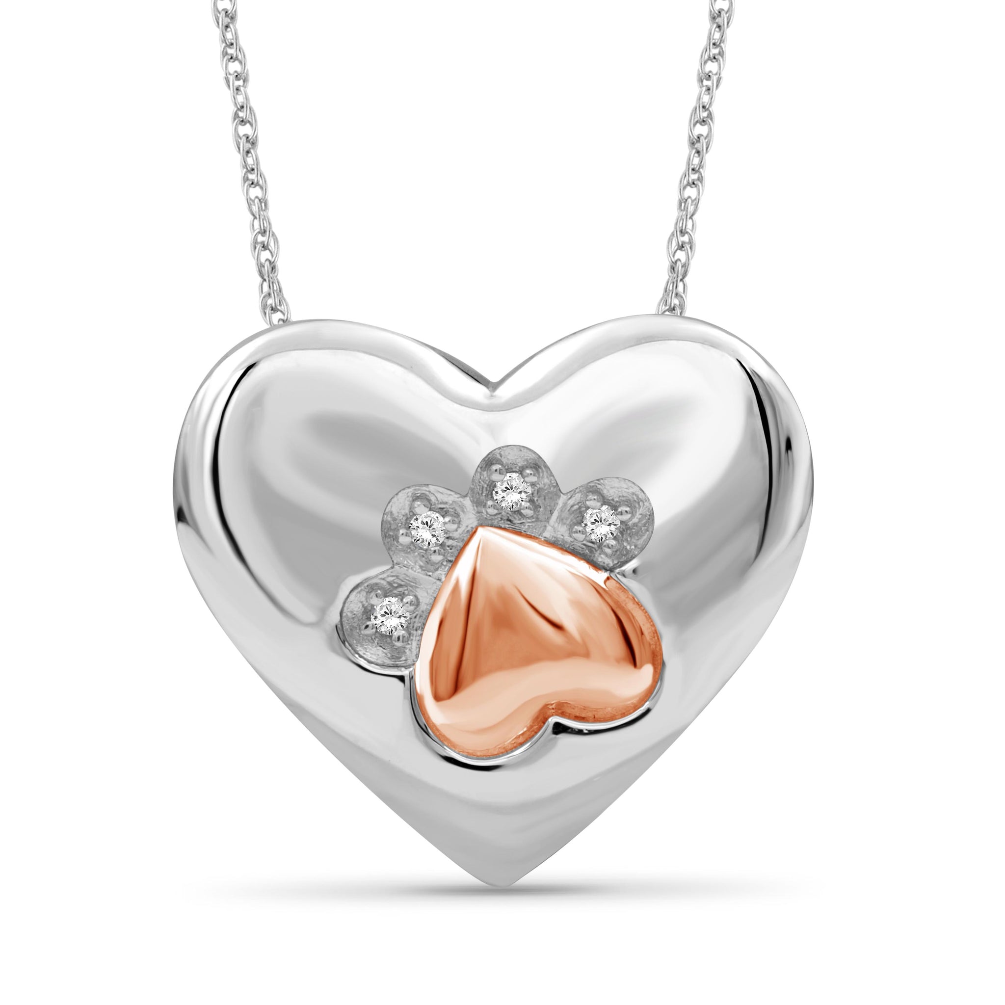 JewelonFire 1/20 Carat T.W. White Diamond Two Tone Silver Heart Paw Pendant
