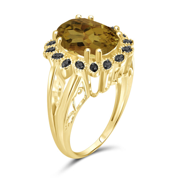 JewelonFire 1 1/2 Carat T.G.W. Whiskey And Black Diamond Accent 14kt Gold Over Silver Flower Ring