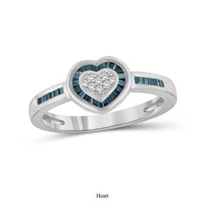 JewelonFire 1/4 Carat T.W. Blue And White Diamond Sterling Silver Heart Ring