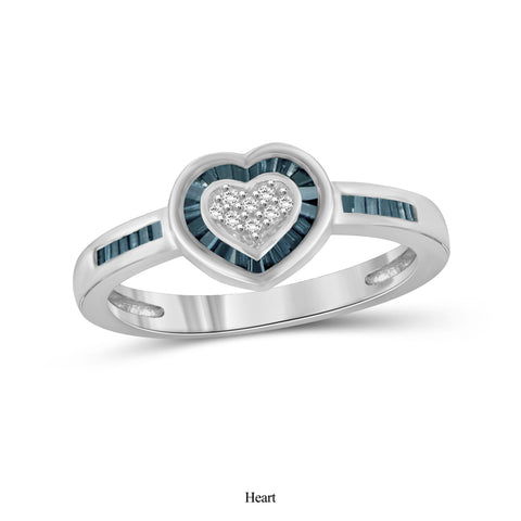 JewelonFire 1/4 Carat T.W. Blue And White Diamond Sterling Silver Heart Ring