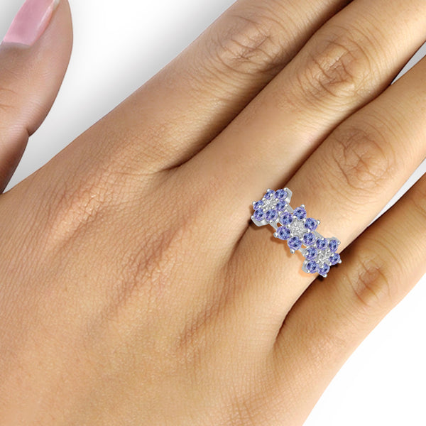 JewelonFire 1 3/4 Carat T.G.W. Tanzanite and White Diamond Accent Sterling Silver Flower Ring- Assorted Colors