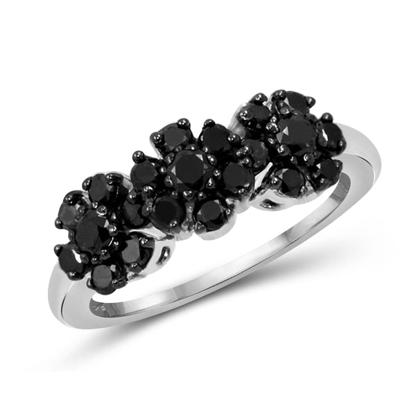 JewelonFire 1 CTW Black Diamond Sterling Silver Flower Ring