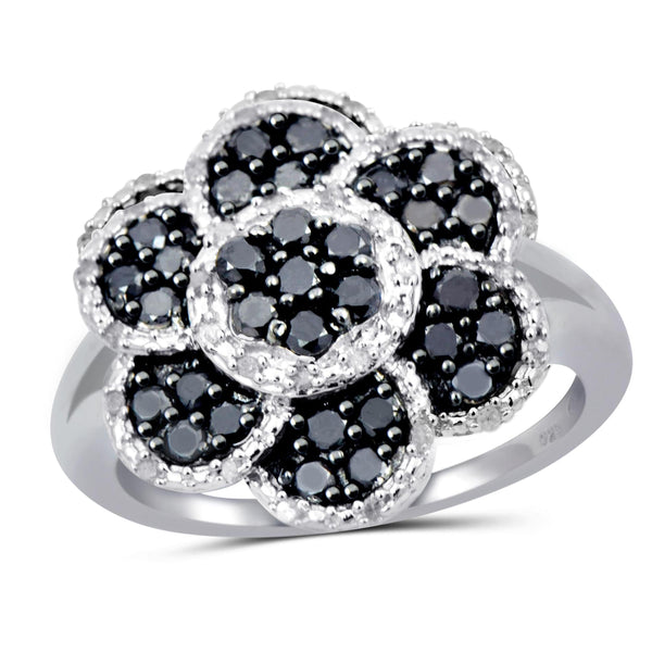 JewelonFire 1 Carat T.W. Black And White Diamond Sterling Silver Flower Ring
