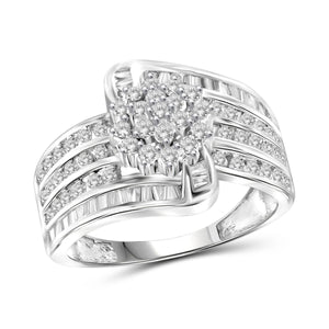 JewelonFire 1 Carat T.W. White Diamond Sterling Silver 4-Row Cluster Ring
