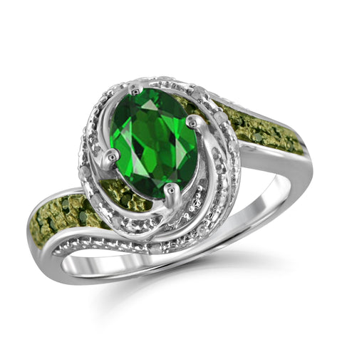 JewelonFire 1.15 Carat T.G.W. Chrome Diopside and 1/10 ctw Green and White Diamond Sterling Silver Ring
