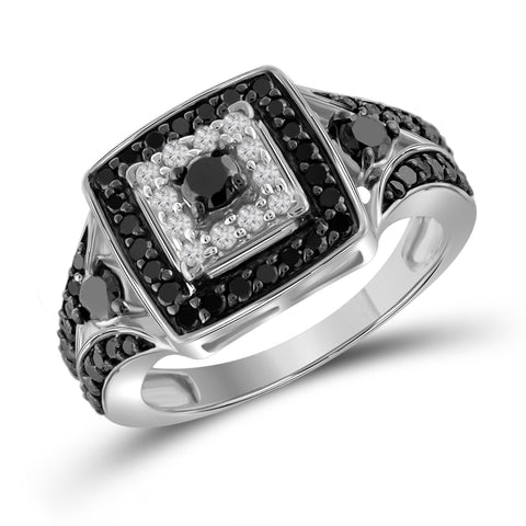 JewelonFire 1 Carat T.W. Black And White Diamond Sterling Silver Square Ring