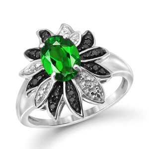 JewelonFire 1.15 Carat T.G.W. Chrome Diopside and 1/10 ctw Black and White Diamond Sterling Silver Ring - Assorted Colors