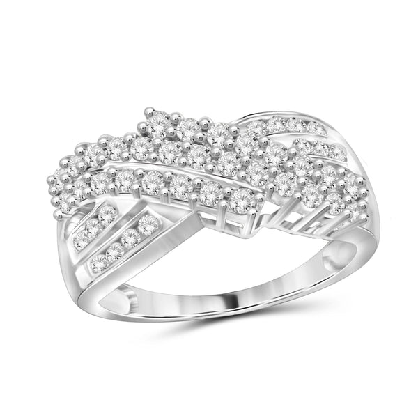 JewelonFire 1 Carat T.W. White Diamond Sterling Silver 3-Row Cross Over Ring