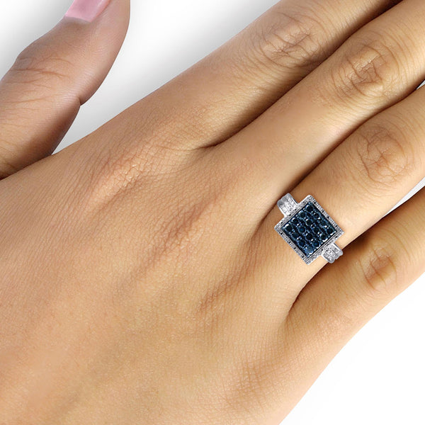 JewelonFire 1.00 CARAT Blue And White Diamond Sterling Silver Square Halo Ring