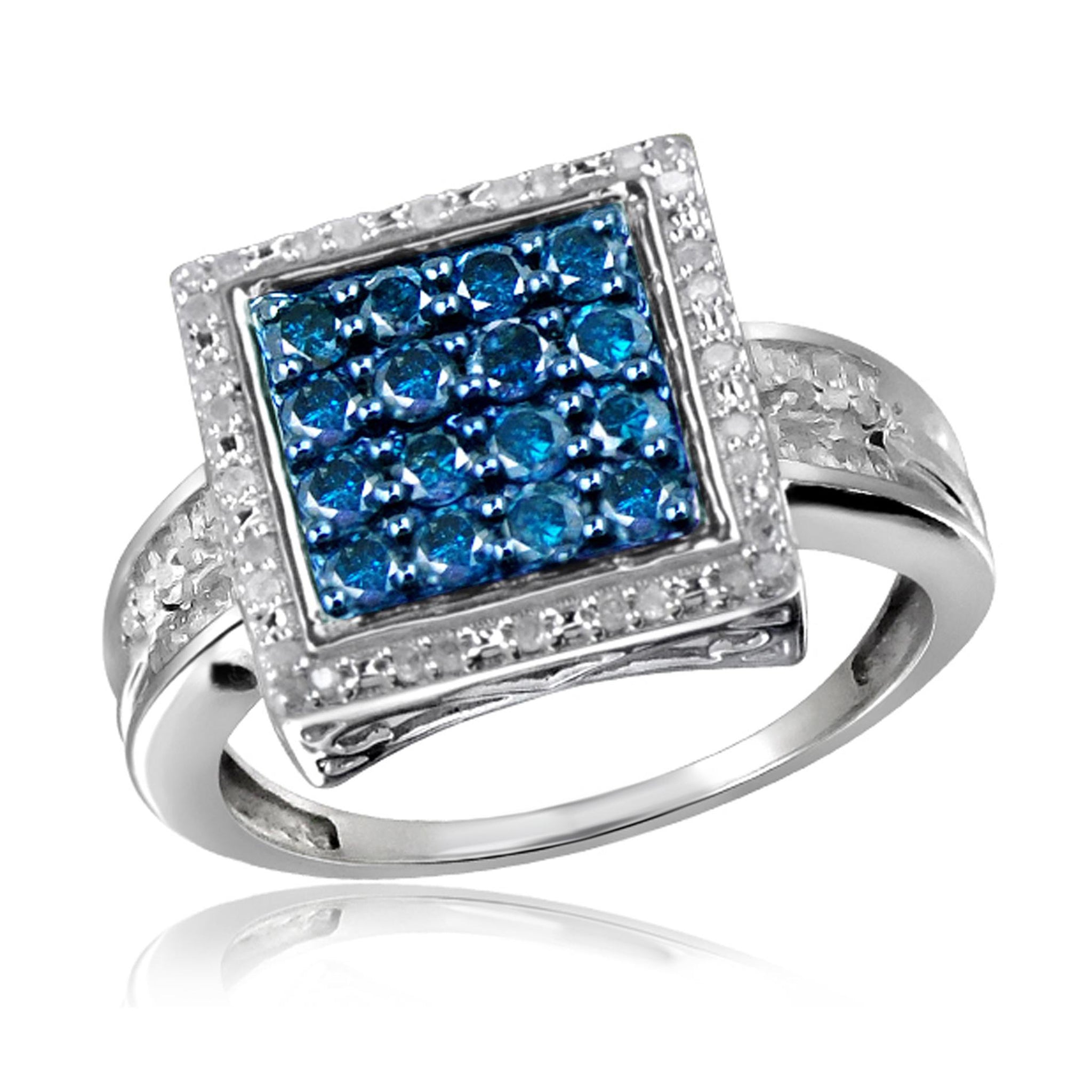 JewelonFire 1.00 CARAT Blue And White Diamond Sterling Silver Square Halo Ring
