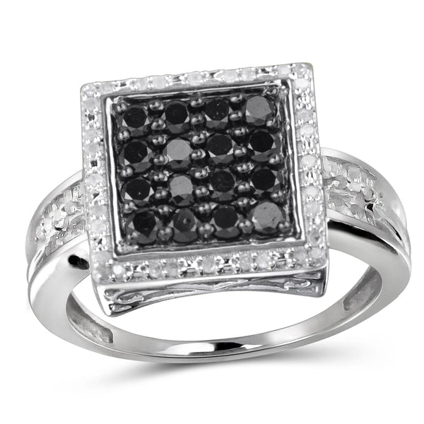 JewelonFire 1 Carat T.W. Black And White Diamond Sterling Silver Square Ring