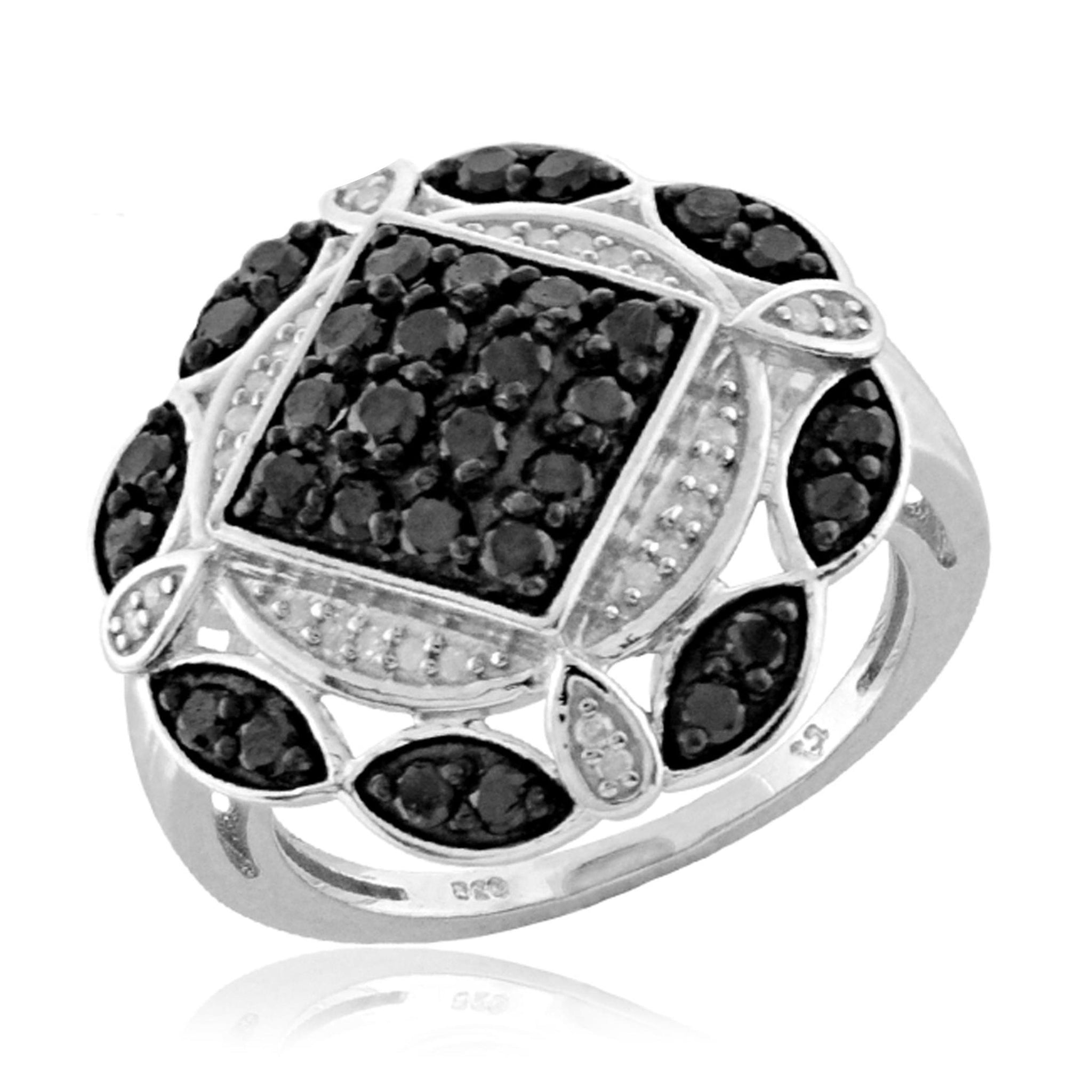 JewelonFire 1 Carat T.W. Black And White Diamond Sterling Silver Cocktail Ring