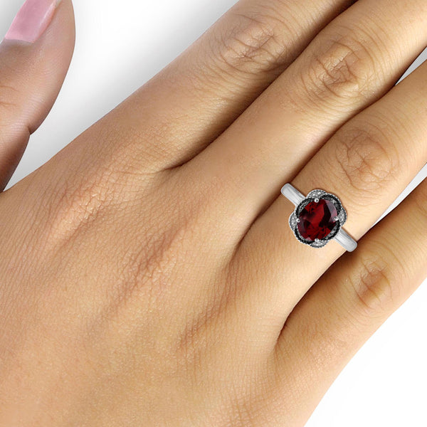 JewelonFire 2.15 Carat T.G.W. Garnet And 1/20 Carat T.W. Black & White Diamond Sterling Silver Ring - Assorted Colors